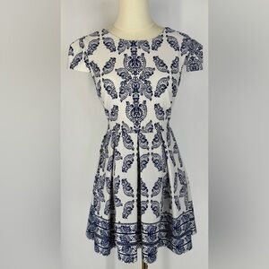 B Darlin navy & white patterned cap sleeve skater dress